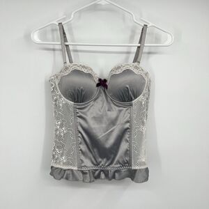 Blush Bustier Corset Blouse Top M Silver Ruffle White Lace Detail Y2K Sexy Fairy